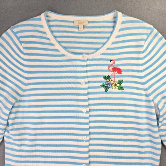 Talbots Sweater Womens M P Cardigan Blue Stripe Flamingo Embroidered Nautical - Picture 4 of 12